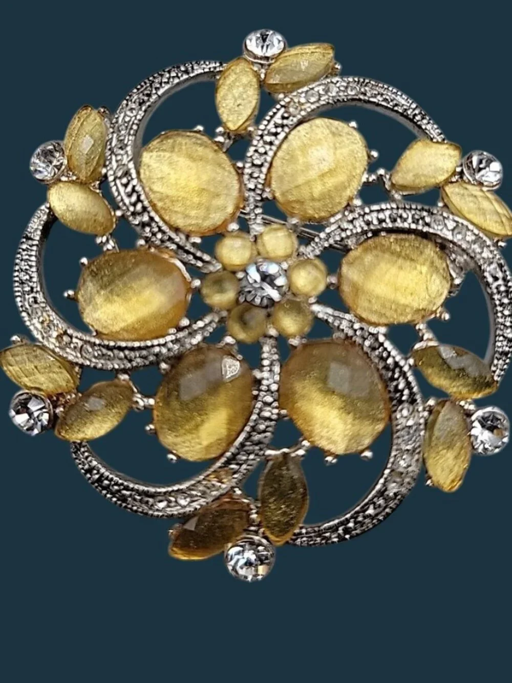 Liz Claiborne Yellow Rhinestone Brooch Clear Accents Silver Tone Vintage